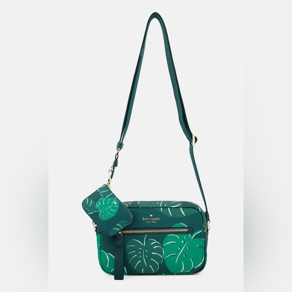 Kate Spade Chelsea Camera Bag w Coin Pouch Nylon Green Multi Monstera Leaves